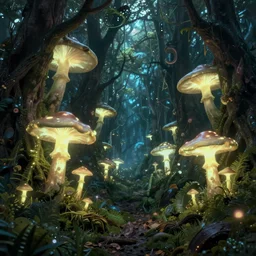 eerie glowing mushroom forest, fantasy landscape, 8k, ultra detailed, concept art, trending on artstation