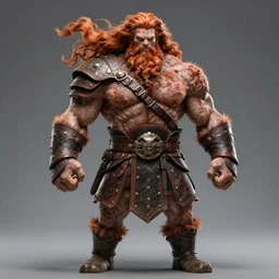 ginger viking with flowing long wavy hair, wearing leather armor, very muscular, very pale skin, very hairy, shirtless, very tall, strong, powerful, majestic, imposing, full body picture, 4 k