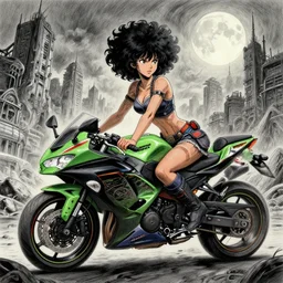 highly detailed, intricate, elegant, beautiful female!!! riding a ( kawasaki ninja )!!, post apocalyptic city landscape, wide angle lens, dramatic lighting, afro samurai anime style, apocalyptic cityscape in the background, ( correct human anatomy )!!!!!, by david finch, pencil and ink, full moon, full colour