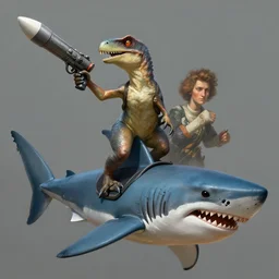 a raptor holding a rocket launcher riding a shark, highly detailed, digital painting, artstation, concept art, smooth, sharp focus, illustration, art by artgerm and greg rutkowski and alphonse mucha