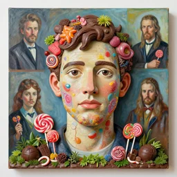 a sculpture portrait made of candys and lollipops and chocolate and plants, painting part by wojciech siudmak, part by ilya repin, part by max ernst, part by norman rockwell, artstation