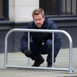 crime photo of robber john manchester hiding behind the bike rack of a toys r us, 2 0 0 5 covert photograph, thief john manchester is seen through behind a bike rack inside a toys r us, florescent lighting, criminal hiding, photo