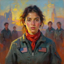 portrait in daring femininity, ethnic, determined face, flight suit w scarf, warm glow, bathed in light, sci - fi landscape, captured memory, motion impressionism, radiosity, terrazzo, pj crook, michael garmash, livia prima, nick alm, casey baugh, deep color, oil on canvas