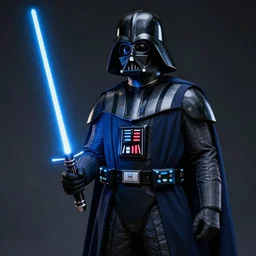 A dark blue colored Darth Vader suit, movie accurate, holding a blue lightsaber, realism, 4k, dark background with studio lighting, 3d,