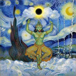 nataraja dancing in a winter birch grove and raising snow clouds during a solar eclipse painted in the style of van gogh