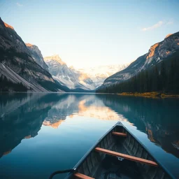 landscape photography of the canadian rockies, bears, lake, canoe, early morning sky