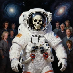 full portrait of a skeleton as an astronaut, hyper detailed, award winning, exploring the galaxy painting by chiara bautista and karl kopinski and kim jung giu and weta studio, and lucasfilm and jesper ejsing and norman rockwell greg rutkowski frank frazzeta