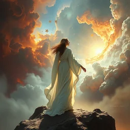 in flowing white robes she watches as the universe is born, saturated nebulas, full body, misty, dramatic lighting, radial arcs of light, radiant stars, intricate, hyper detailed, beautiful concept art by greg rutkowski, artgerm, ruan jia, alphonse mucha, frank frazetta
