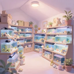 placid pastel morning cozy moody cluttered painterly fluffy tiny cramped pet store, lots of aquariums, slanted ceiling, tiny space, particulate, trending on pixiv