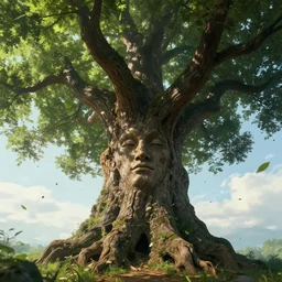 a very old and giant tree with a face in the trunk , leaves flying around in the background, art by James Jean and Wayne Barlowe, high detail, cinematic, cgsociety 8k