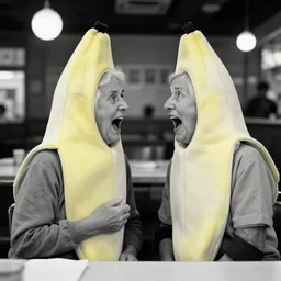 poignant portrait black and white photo of an old couple wearing banana costumes, screaming at each other in a restaurant, nostalgia, argument
