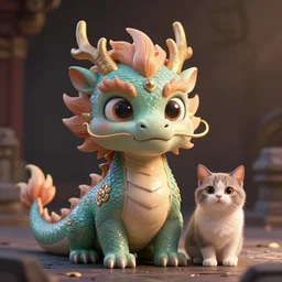 a hyper realistic render of a cute eastern dragon with big eyes and friendly + a cute cat