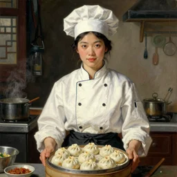 full character of a strong chinese woman cook with a plate baozi, character design, beautiful face, painting by gaston bussiere, katsuya terada, nc wyeth, greg rutkowski, craig mullins, vermeer, frank frazetta, mucha, trending on artstation, jeffery catherine jones