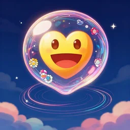 closeup shot of heart emoji bubble floating in the sky, a dark blue background and colorful clouds with stars by takashi murakami, beeple and james jean, aya takano color style, trippy, outlined by whirling illuminated neon lines and fine lines swirling in circles by jesper ejsing and rhads and makoto and shinkai and lois van baarle, digital