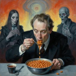 painting of hank schrader eating british baked beans, scene of man eating british baked beans, by zdzislaw beksinski, by dariusz zawadzki, by wayne barlowe, amazing details, gothic, surrealism, cosmic horror, lovecraftian, cold hue's, warm tone gradient background, concept art, beautiful composition