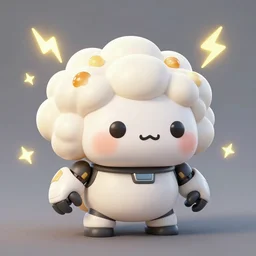 fluffy popcorn brain mecha in the style of kawaii, with lightning bolts
