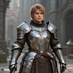 portrait, a female dwarven warrior wearing iron breastplate, dragon age, short and wide plump figure, highly detailed, sharp focus, in the city, full rendered, trending on artstation by john willian waterhouse