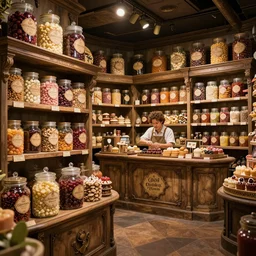 Inside an old magical sweet shop, large jars on shelves, beautiful labels, fantasy vendor interior, wide angle, cinematic, highly detailed, photorealistic, rich bright colors, trending on artstation, trending on cgsociety
