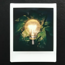 a glowing lightbulb, a green plant inside, polaroid photo, surreal,