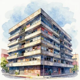 Brutalist architecture building, colorful watercolor