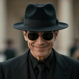 film still, extreme long shot, of an enigmatic mysterious man, making the best smug smile, face unseen by wearing a luxury designer fedora and chopard sunglasses, expensive outfit, elegant, casual, intricate, symmetrical, realistic, possessed by a demon, rich moody colors, by annie leibovitz, nikon d 8 5 0 camera, photoshopped