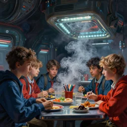 a dark and colorful close - up of a sci - fi school lunch with led lights glowing fog in the background. highly detailed science fiction painting by norman rockwell, frank frazetta, and syd mead. rich colors, high contrast, gloomy atmosphere, dark background. trending on artstation