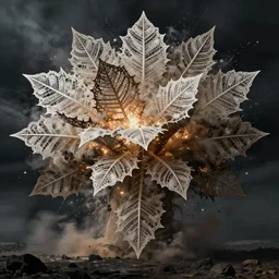 a massive explosion, made of intricate decorative lace leaf skeleton, in the style of the dutch masters and gregory crewdson, dark and moody