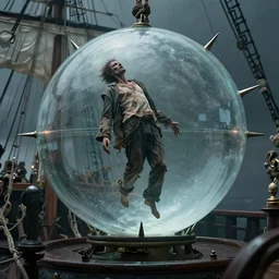 a perfect photograph of a desiccated man aboard a schooner. he is levitating and surrounded by a glass sphere which has 3 0 0 spikes radiating