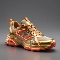 realistic 3 d render of a futuristic sneaker, beautiful studio lighting, soft, sharp focus, neon glowing lines, intricate detail, gold and red leather, soft white rubber, shiny plastic, hexagon mesh, gold filigree, octane render, side view, close up, trending on artstation, deviantart, nike, reebok, salomon