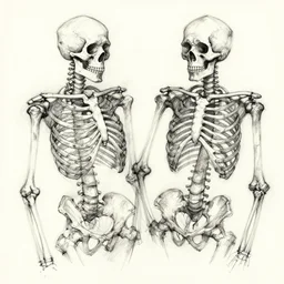 slightly chaotic black ink sketch of two partial and rough skeletons overlapping wireframe by james ensor
