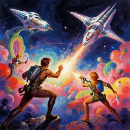 A psychedelic spelljammer space fight , vibrant color scheme, highly detailed, in the style of romanticism, cinematic, artstation, Moebius, Greg rutkowski