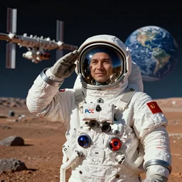extreme long shot of a soviet cosmonaut in mars, salutes for the people on earth, spreads the word of the revolution, cccp international space station in the background, sovietwave aesthetic, sci fi, soviet futurism, socialist realism, volumetric lighting, ultra detailed, hyperrealistic, photoshopped, octane render, 8 k, high resolution