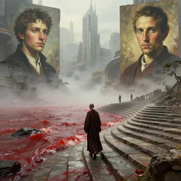 a gorgeous sci - fi city, by barlowe wayne, maxfield parrish and marco mazzoni. a lonely monk walks on the winding stone steps, turbulent blood lake, fog. 3 d, octane render, 8 k.