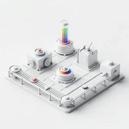 grid - based factory. conveyor belts, gears, levers, buttons, pulleys. 3 d rendered. minimalist abstract white with rainbow accents and glass tubes. isometric view, clean.