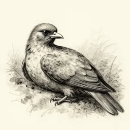 medieval sketch of an exhausted anthropomorphic bird resting