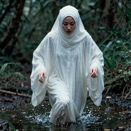 1 9 7 0 s movie still close - up of a white japanese female ghost going out of water puddle, swamp backround, cinestill 8 0 0 t 3 5 mm eastmancolor, heavy grain, high quality, noir, natural textures, photorealistic, ambient occlusion, hd, ultra wide lens, anamorphic, fade color