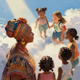 a black woman ancestor watching her kids from the sky ( ( ( ( volumetric light ) ) ) ), high angle, part by pearl fryar, part by prince damah, sunny day, trending on artstation, cinematic view, illustration, painting.