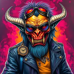 detailed portrait of an apocalyptic demonic orcish goblin biker character standing cool dynamic pose, psychedelic vibrant colors, futuristic punk rock fashion, oil painting by michael whelan art, sharp focus, realistic, biker goggles, 8 0 s hair, studded leather jacket, 8 k
