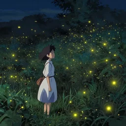 a field at night filled with hundreds of firefly lightning bugs. By Makoto shinkai. By Nikolay Makovsky