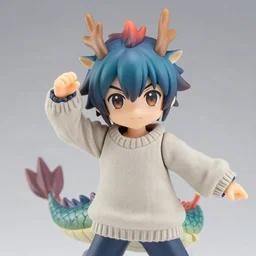 complete figure of dragon wearing comfy sweater, scales, personification, tsurime eyes, tareme eyes, eyes by kon satoshi, ^. ^ eyes, dynamic pose, amiami, aniplex, kotobukiya, beautiful composition, 4 5 mm lens, focal length 2, hdr, eye level shot