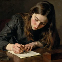 young woman writing most important letter in her life, intense, detailed, cinematic, dramatic lighting, by lucian freud