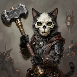 cat with skull makeup holding a giant hammer, d & d, fantasy, highly detailed, digital painting, trending on artstation, concept art, sharp focus, illustration, global illumination, shaded, art by artgerm and greg rutkowski and fuji choko and viktoria gavrilenko and hoang lap