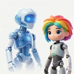 photorealistic glados ( portal ) from right top corner accompanying cute female with rainbow hairs, artificial intelligence blueprint