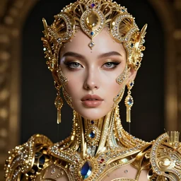 a front portrait of a stunning young female cyborg made of gold, gems tones, diamonds, by pre - raphaelite brotherhood, unreal engine, glamor shot, nikon d 7 5 0, closeup, f / 2. 8, low contrast, rim lighting, optical fiber, cinematic lighting, insanely detailed and intricate, hypermaximalist, elegant, ornate, hyper realistic