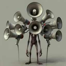 megaphones. a very thin tall huge creepy humanoid with several megaphones instead of a head. megaphones, megaphones! character concept art, extremely high details, artstation contest winner, art by dariusz zawadzki, simon stalenhag. masterpiece
