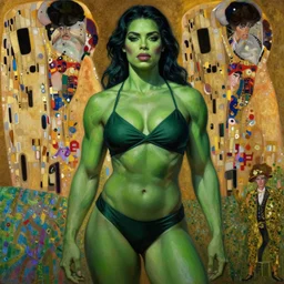 highly detailed oil painting of beautiful muscular green she - hulk wearing a swimsuit, very intricate, cinematic lighting, award - winning, the good spirit of god, by roberto ferri, by tom bagshaw, by j. c. leyendecker and klimt, beautiful cinematic light, american romanticism, by austin osman spare, artstation, cgsociety, official art, octane