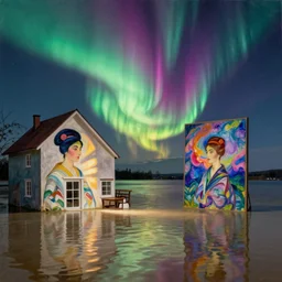 interior of a house flooded. aurora borealis. iridescent, psychedelic colors. painting by balthus, agnes pelton, utamaro, monet
