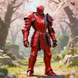 red draconic-plate full body armor. Mid-day, Backlit, in the Blossoming gardens of eden. artstation, rpg, digital art, the witcher 3, runescape, skyrim, final-fantasy, Diablo-3