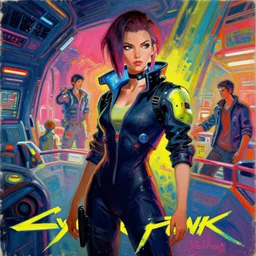 girl in the cyberpunk 2 0 7 7 suit, spaceport, interplanetary, cinematic keyframe. by ashley wood, yoji shinkawa, jamie hewlett, 6 0's french movie poster, french impressionism, vivid colors, palette knife and brush strokes high energy, cinematic 8 k