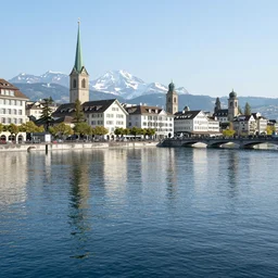 Photo of Zurich, looking down the river at the lake and the alps, Hardturm, Grossmünster, wide angle, trees, volumetric light, hyperdetailed, green water, artstation, cgsociety, 8k
